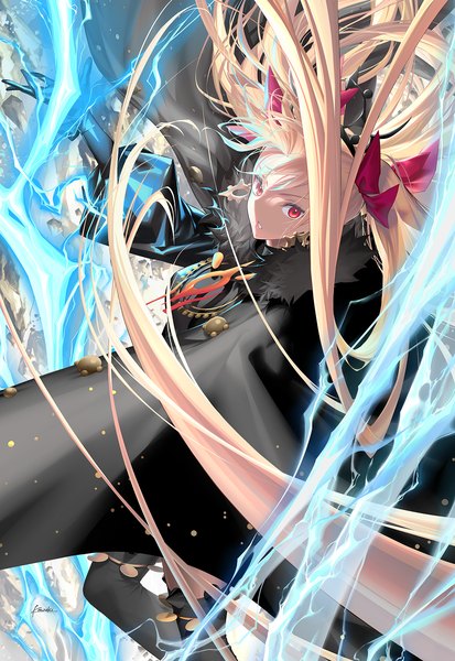 Anime picture 900x1309 with fate (series) fate/grand order ereshkigal (fate) kousaki rui single tall image looking at viewer fringe blonde hair red eyes very long hair parted lips two side up fur trim floating hair magic electricity girl ribbon (ribbons) hair ribbon