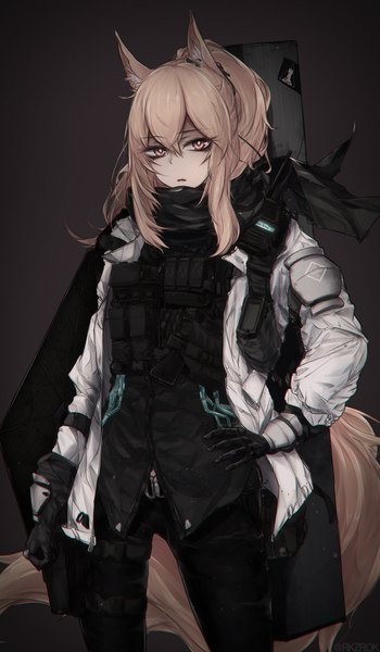 Anime picture 1400x2400 with arknights nearl (arknights) rkzrok single long hair tall image looking at viewer fringe simple background hair between eyes brown hair standing brown eyes signed animal ears ponytail tail parted lips animal tail open jacket
