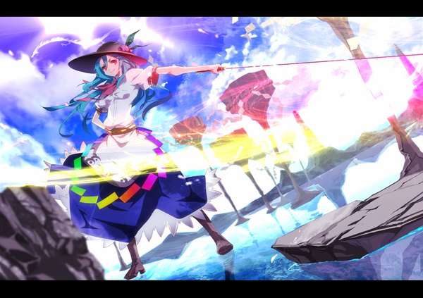 Anime picture 2000x1413 with touhou hinanawi tenshi karlwolf single long hair looking at viewer highres smile red eyes blue hair sky hand on hip reflection letterboxed girl dress weapon hat sword knee boots