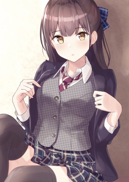 Anime picture 1092x1544 with original minagiku single tall image looking at viewer blush fringe breasts simple background hair between eyes brown hair sitting brown eyes bent knee (knees) parted lips pleated skirt arms up gradient background plaid skirt half updo