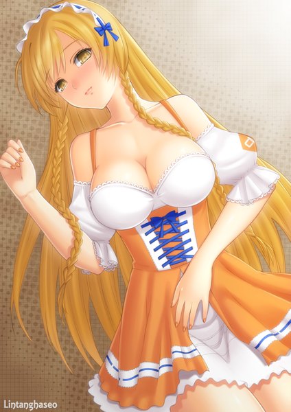 Anime picture 2893x4091 with mirai millenium suenaga mirai lintanghaseo single long hair tall image looking at viewer highres breasts light erotic blonde hair bare shoulders yellow eyes braid (braids) girl dress headdress