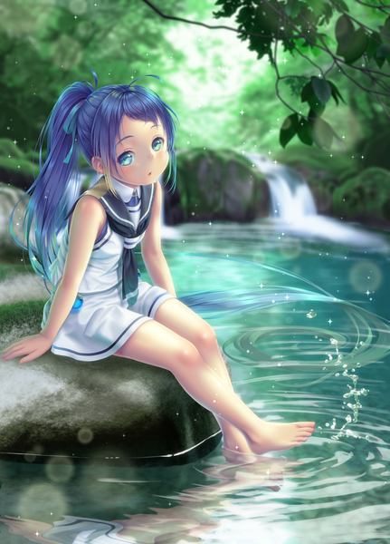 Anime picture 1151x1600 with kantai collection samidare destroyer hane yoshiyumi single tall image looking at viewer blush blue eyes sitting blue hair ahoge outdoors ponytail very long hair barefoot arm support lens flare alternate hairstyle river nature