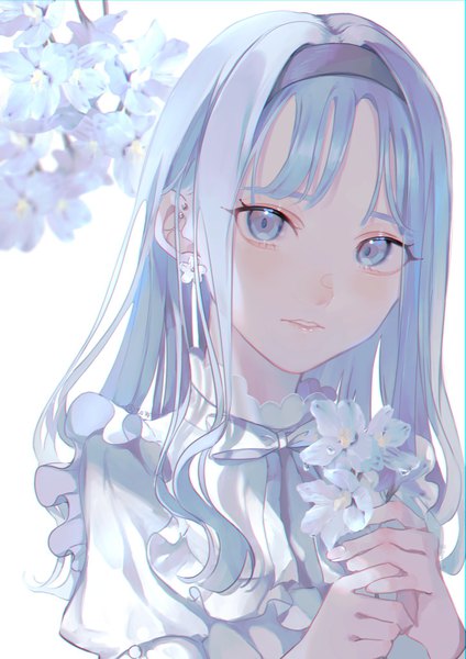 Anime picture 1446x2048 with original towor n single long hair tall image looking at viewer blue eyes white background blue hair upper body parted lips girl flower (flowers) earrings headband blouse