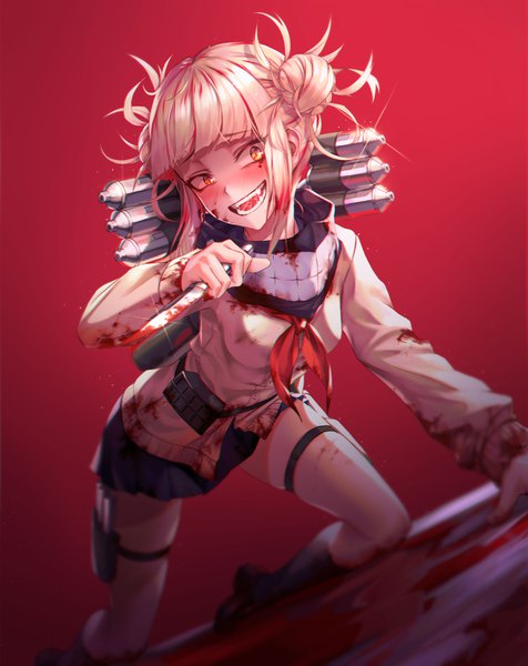 Anime picture 3356x4232 with boku no hero academia studio bones toga himiko chyopeuteu single tall image looking at viewer blush fringe highres short hair open mouth simple background blonde hair smile holding absurdres blunt bangs teeth hair bun (hair buns)