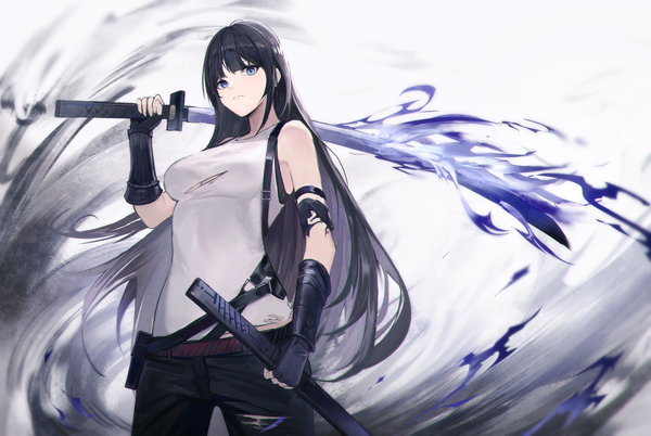 Anime picture 3369x2258 with original shichi (ratorin53) single long hair looking at viewer fringe highres blue eyes black hair simple background standing holding absurdres blunt bangs arm up torn clothes anaglyph weapon over shoulder girl gloves