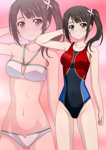 Anime picture 848x1200 with tari tari p.a. works okita sawa kenken long hair tall image looking at viewer blush light erotic black hair smile brown eyes ponytail midriff side ponytail zoom layer girl navel hair ornament swimsuit