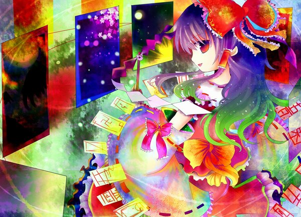 Anime picture 1188x858 with touhou hakurei reimu kazu (muchuukai) single long hair red eyes sitting profile looking back multicolored hair wallpaper miko multicolored girl bow hair bow detached sleeves