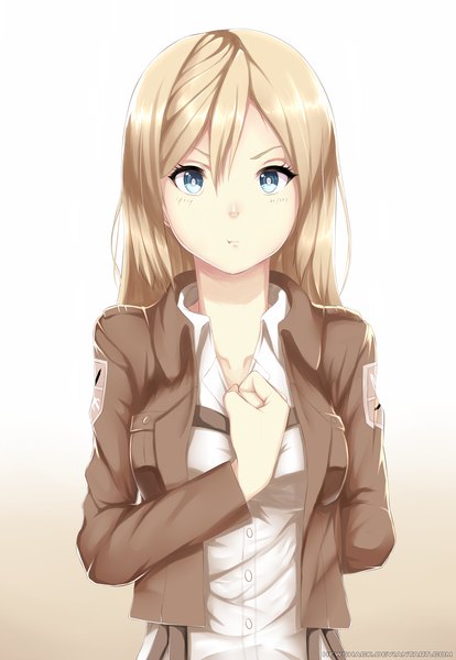 Anime picture 1446x2096 with shingeki no kyojin production i.g krista lenz hews single long hair tall image looking at viewer blue eyes blonde hair open clothes open jacket girl