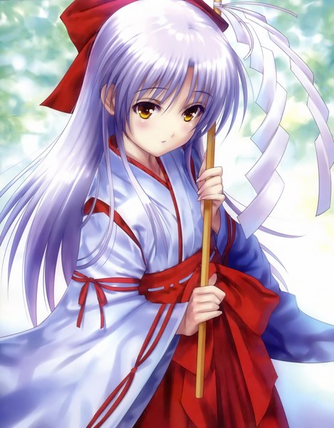 Anime picture 2050x2623 with angel beats! key (studio) tachibana kanade goto p single long hair tall image looking at viewer blush highres yellow eyes silver hair traditional clothes japanese clothes scan official art miko girl bow hair bow