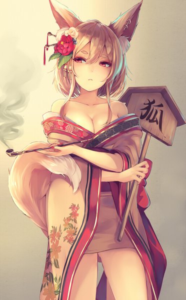 Anime picture 512x825 with original nakaichi (ridil) single tall image fringe short hair breasts light erotic blonde hair hair between eyes red eyes large breasts standing bare shoulders holding animal ears payot looking away cleavage tail