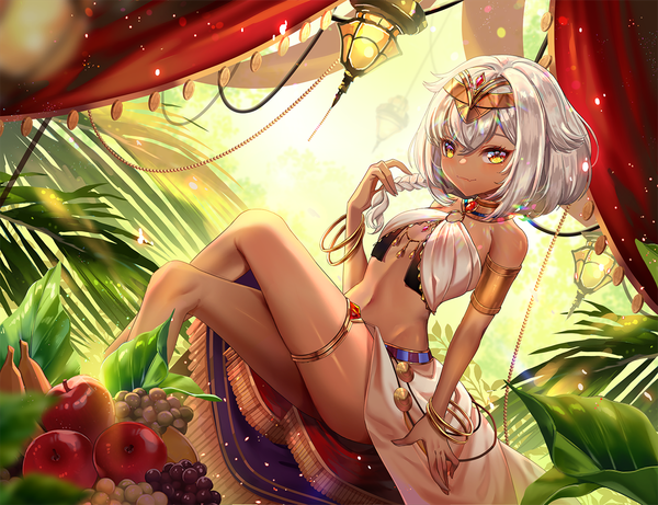 Anime picture 1360x1045 with original aurora rokudo single long hair looking at viewer fringe light erotic smile hair between eyes sitting yellow eyes silver hair braid (braids) arm up sunlight blurry mole arm support bare legs fang (fangs)