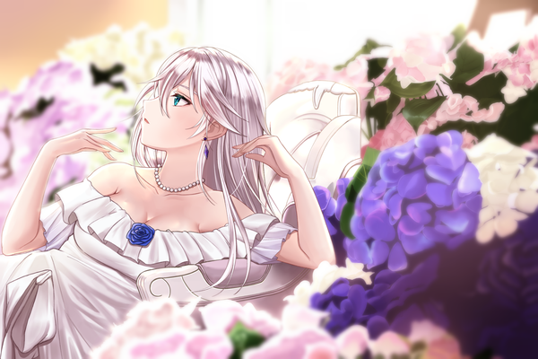 Anime picture 2159x1440 with honkai impact 3rd honkai (series) cecilia schariac aircell single long hair blush fringe highres breasts open mouth hair between eyes bare shoulders cleavage silver hair profile aqua eyes blurry off shoulder depth of field