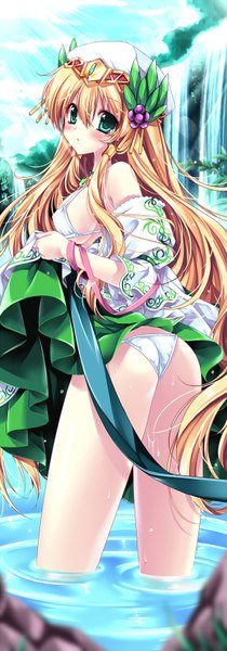 Anime picture 600x1714 with puzzle & dragons freyja (p&d) sakurano tsuyu single long hair tall image blush light erotic blonde hair green eyes ass looking back waterfall girl dress swimsuit bikini water