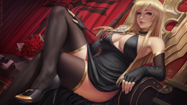 Anime picture 3000x1688 with azur lane bismarck (azur lane) bismarck (beacon of the iron blood) (azur lane) sciamano240 single long hair looking at viewer blush fringe highres breasts light erotic blonde hair hair between eyes wide image large breasts sitting purple eyes bare shoulders signed