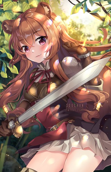 Anime picture 809x1250 with tate no yuusha no nariagari kinema citrus raphtalia squchan single long hair tall image looking at viewer blush fringe breasts smile hair between eyes red eyes brown hair holding signed animal ears outdoors tail