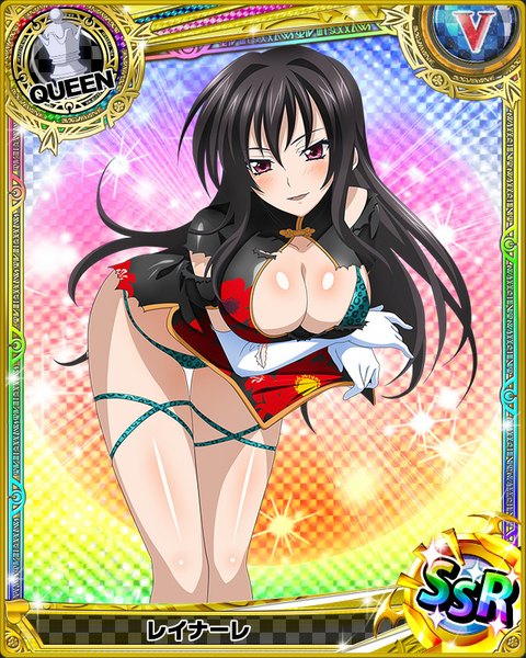 Anime picture 640x800 with highschool dxd raynare (dxd) single long hair tall image looking at viewer blush breasts open mouth light erotic black hair purple eyes cleavage traditional clothes torn clothes chinese clothes card (medium) girl gloves underwear