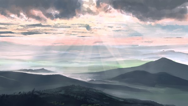 Anime picture 3840x2160 with original banishment highres wide image absurdres sky cloud (clouds) sunlight wallpaper mountain no people landscape sunbeam fog