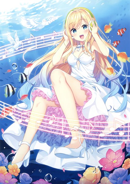 Anime-Bild 2342x3300 mit original eshi 100-nin ten bekotarou single long hair tall image looking at viewer blush highres open mouth blue eyes blonde hair full body scan legs underwater hand on headphones girl dress flower (flowers)