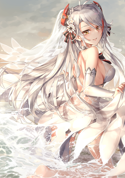 Anime picture 868x1228 with azur lane prinz eugen (azur lane) prinz eugen (symphonic fate) (azur lane) ks single long hair tall image looking at viewer blush fringe breasts light erotic smile hair between eyes large breasts brown eyes sky silver hair ahoge outdoors