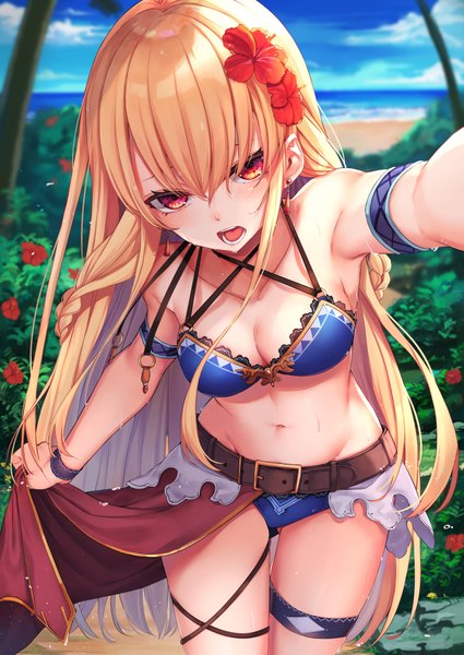 Anime picture 1505x2125 with original mizuiro raika single long hair tall image looking at viewer blush fringe breasts open mouth light erotic blonde hair hair between eyes red eyes standing bare shoulders sky cleavage cloud (clouds) braid (braids)