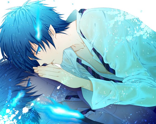 Anime picture 1280x1024 with ao no exorcist a-1 pictures okumura rin highres short hair open mouth blue eyes blue hair pointy ears open clothes open shirt glowing reflection boy shirt necktie flame