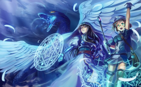 Anime picture 1500x925 with original pixiv fantasia pixiv fantasia v iceojin long hair short hair open mouth blue eyes black hair wide image multiple girls magic girl gloves weapon 2 girls animal wings glasses armor