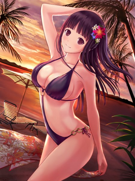 Anime picture 960x1280 with original dorakyura single long hair tall image looking at viewer blush fringe breasts light erotic smile large breasts standing purple eyes bare shoulders holding sky purple hair cloud (clouds) outdoors