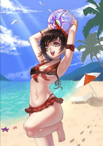 Anime picture 846x1198 with rwby rooster teeth ruby rose -elf-jy single tall image short hair breasts open mouth light erotic black hair sky cloud (clouds) grey eyes beach girl navel swimsuit animal bikini