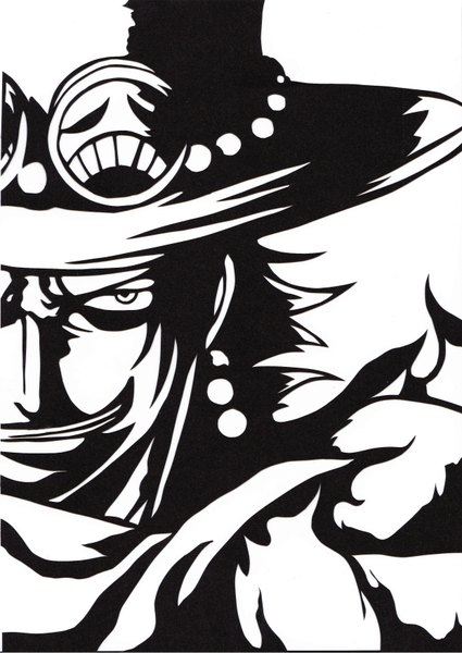 Anime picture 1242x1752 with one piece toei animation portgas d. ace single tall image looking at viewer simple background smile white background monochrome hat