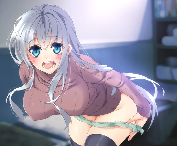 Anime picture 1000x827 with original myg (artist) single long hair looking at viewer blush open mouth light erotic silver hair aqua eyes blurry undressing panty pull surprised girl thighhighs underwear panties sweater