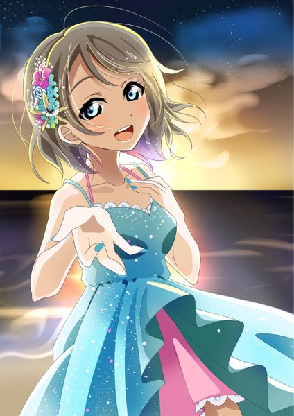 Anime picture 942x1334 with love live! sunshine!! sunrise (studio) love live! watanabe you histuosshu single tall image looking at viewer blush fringe short hair open mouth blue eyes smile standing bare shoulders sky cloud (clouds) ahoge outdoors