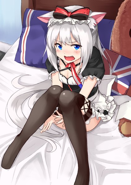 Anime picture 868x1228 with azur lane hammann (azur lane) tsukiman single tall image looking at viewer blush fringe breasts open mouth light erotic sitting animal ears payot cleavage silver hair full body bent knee (knees) very long hair from above