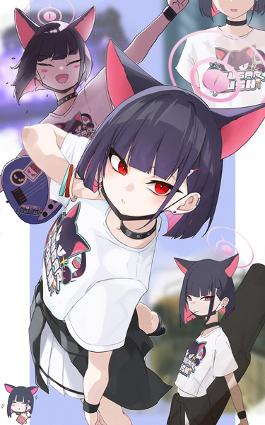 Anime-Bild 2480x3973 mit blue archive kazusa (blue archive) kazusa (band) (blue archive) chankuro single tall image looking at viewer highres short hair black hair red eyes animal ears eyes closed multicolored hair cat ears sweat official alternate costume colored inner hair multiview pillarboxed