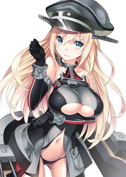 Anime picture 1000x1400 with kantai collection bismarck battleship lasa (lasa1116) single long hair tall image looking at viewer blush breasts blue eyes light erotic simple background blonde hair large breasts white background bare shoulders open clothes thighs breast hold girl