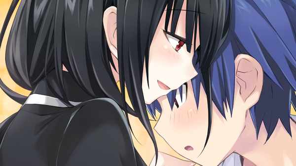 Anime picture 1280x720 with date a live tokisaki kurumi itsuka shidou long hair blush short hair open mouth black hair red eyes wide image blue hair game cg profile couple girl boy