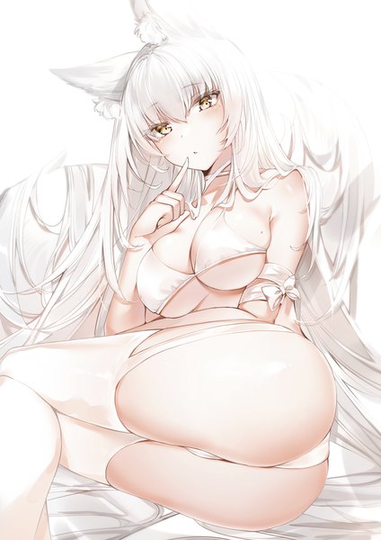 Anime picture 1654x2339 with original yukineko1018 single long hair tall image looking at viewer blush fringe breasts light erotic simple background hair between eyes large breasts white background sitting animal ears yellow eyes cleavage silver hair bent knee (knees)
