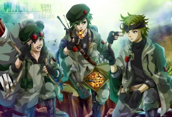 Anime picture 2000x1360 with happy tree friends flippy sneaky mouse ka-boom ka-pow highres short hair open mouth yellow eyes green hair multiple boys personification army boy gloves uniform weapon glasses boots fingerless gloves