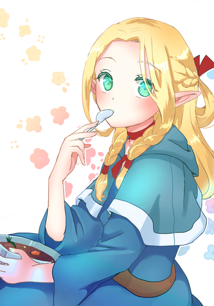 Anime picture 1680x2400 with dungeon meshi studio trigger marcille donato hirochihiro single long hair tall image looking at viewer blonde hair white background green eyes braid (braids) pointy ears twin braids half updo girl choker food spoon