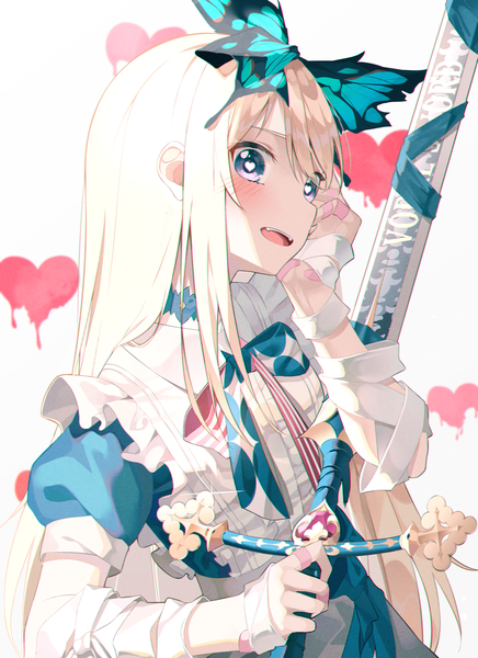 Anime picture 2949x4057 with grimlight alice (grimlight) kanzi single long hair tall image looking at viewer blush fringe highres open mouth blue eyes simple background blonde hair standing holding upper body head tilt puffy sleeves hand on chest