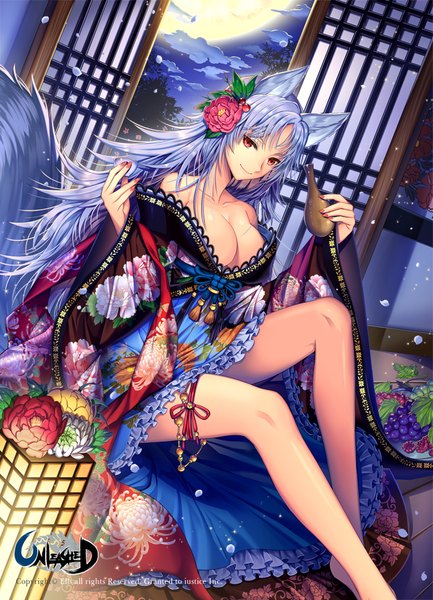 Anime picture 700x970 with unleashed ells (ellsat) single long hair tall image looking at viewer breasts light erotic red eyes animal ears blue hair cleavage tail animal tail hair flower girl dress flower (flowers) petals