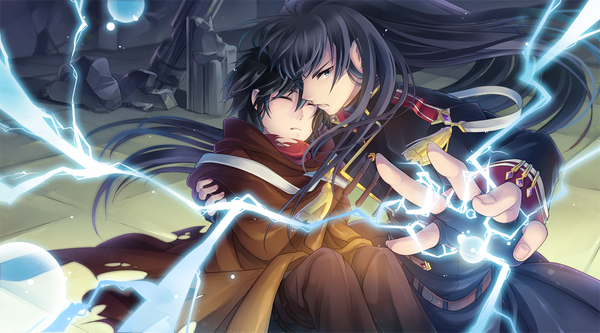 Anime picture 1260x700 with original silverbin long hair blue eyes black hair wide image eyes closed couple lightning girl boy gloves fingerless gloves