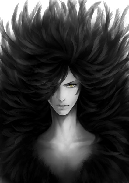 Anime picture 800x1131 with sengoku basara production i.g date masamune (sengoku basara) ttr (artist) single tall image looking at viewer yellow eyes monochrome mutation boy feather (feathers)