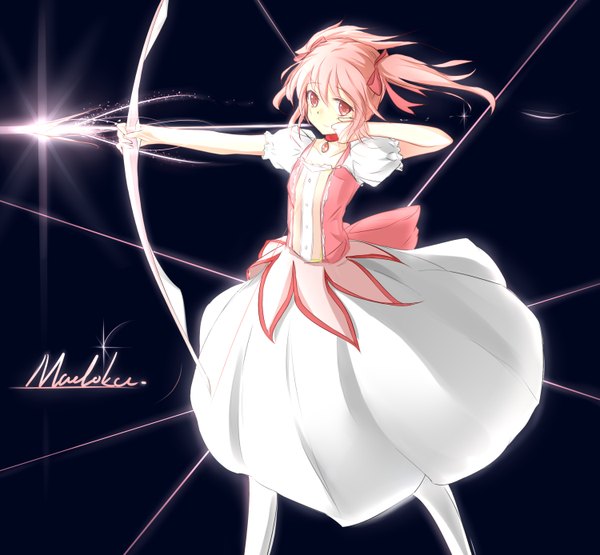 Anime picture 3000x2775 with mahou shoujo madoka magica shaft (studio) kaname madoka phantania highres short hair twintails pink hair absurdres pink eyes inscription black background short twintails girl dress weapon collar bow (weapon)
