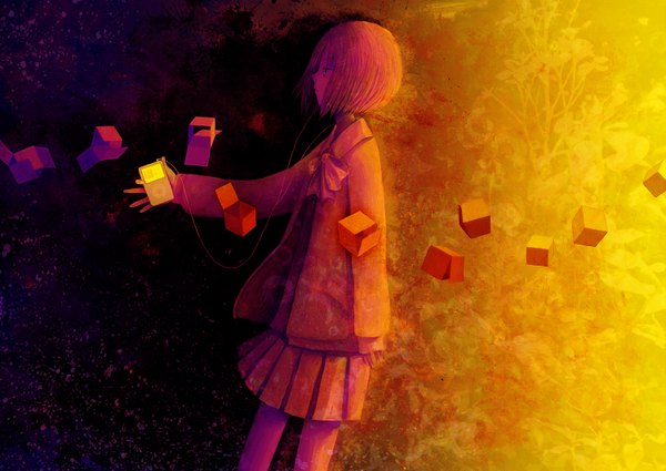 Аниме картинка 1500x1064 с оригинальное изображение ipod hakunetsutou (artist) один (одна) короткие волосы девушка юбка форма школьная форма провод (провода) коробка