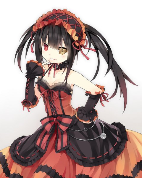 Anime picture 960x1200 with date a live tokisaki kurumi saru (longbb) single long hair tall image looking at viewer blush fringe open mouth black hair simple background smile red eyes white background twintails yellow eyes cleavage wide sleeves hand on hip
