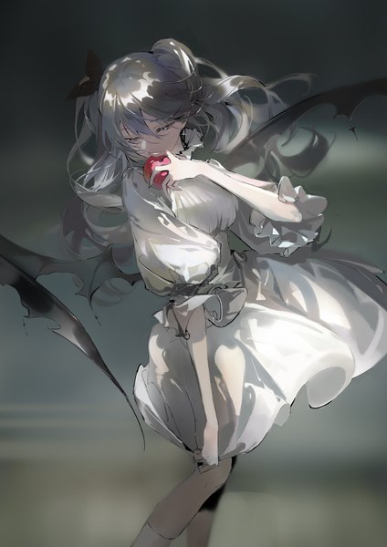 Anime picture 2480x3508 with original soungruan mian mao single long hair tall image fringe highres simple background hair between eyes standing holding payot grey hair grey background grey eyes two side up puffy sleeves looking down bat wings dress pull