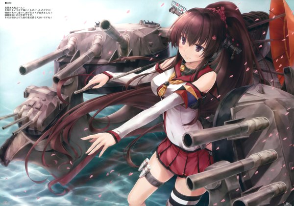 Anime picture 4263x3000 with kantai collection yamato super battleship suien single long hair blush highres brown hair purple eyes absurdres ponytail scan girl skirt hair ornament weapon detached sleeves miniskirt petals gun