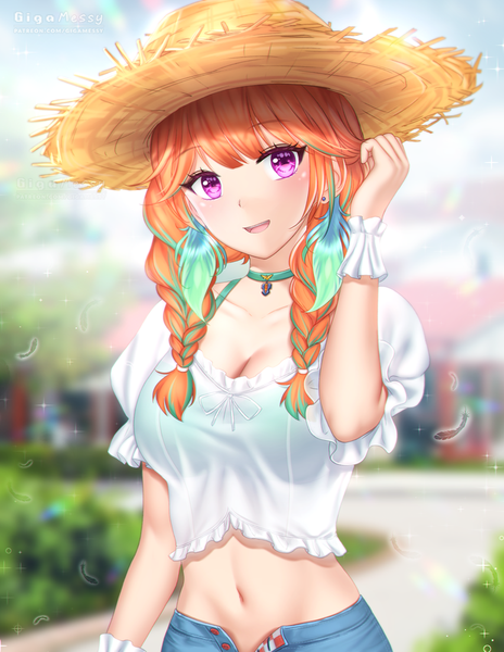 Anime picture 773x1000 with virtual youtuber hololive hololive english takanashi kiara gigamessy single long hair tall image looking at viewer blush fringe breasts open mouth smile large breasts standing purple eyes signed payot cleavage