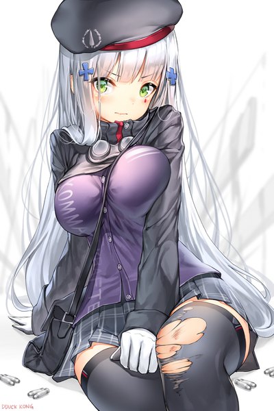 Anime picture 1333x2000 with girls frontline hk416 (girls frontline) lee seok ho single long hair tall image looking at viewer blush fringe breasts light erotic simple background large breasts white background sitting green eyes signed silver hair blunt bangs long sleeves