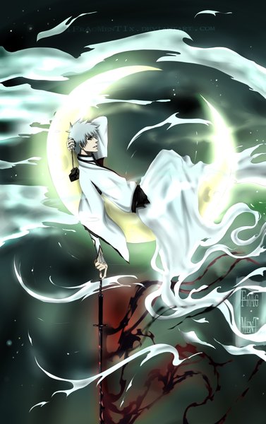 Anime picture 1131x1800 with bleach studio pierrot kurosaki ichigo ifragmentix single tall image short hair green eyes sky silver hair cloud (clouds) japanese clothes coloring torn clothes boy weapon sword belt kimono katana